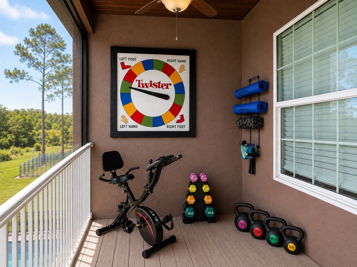 On-site fitness area at Great Escape Lakeside with a spin bike, dumbbells, kettlebells and yoga mats on the covered lanai overlooking the pool
