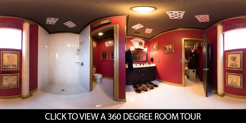 Vegas themed "royal flush" bathroom at The Great Escape Lakeside vacation rental home near Orlando, Florida